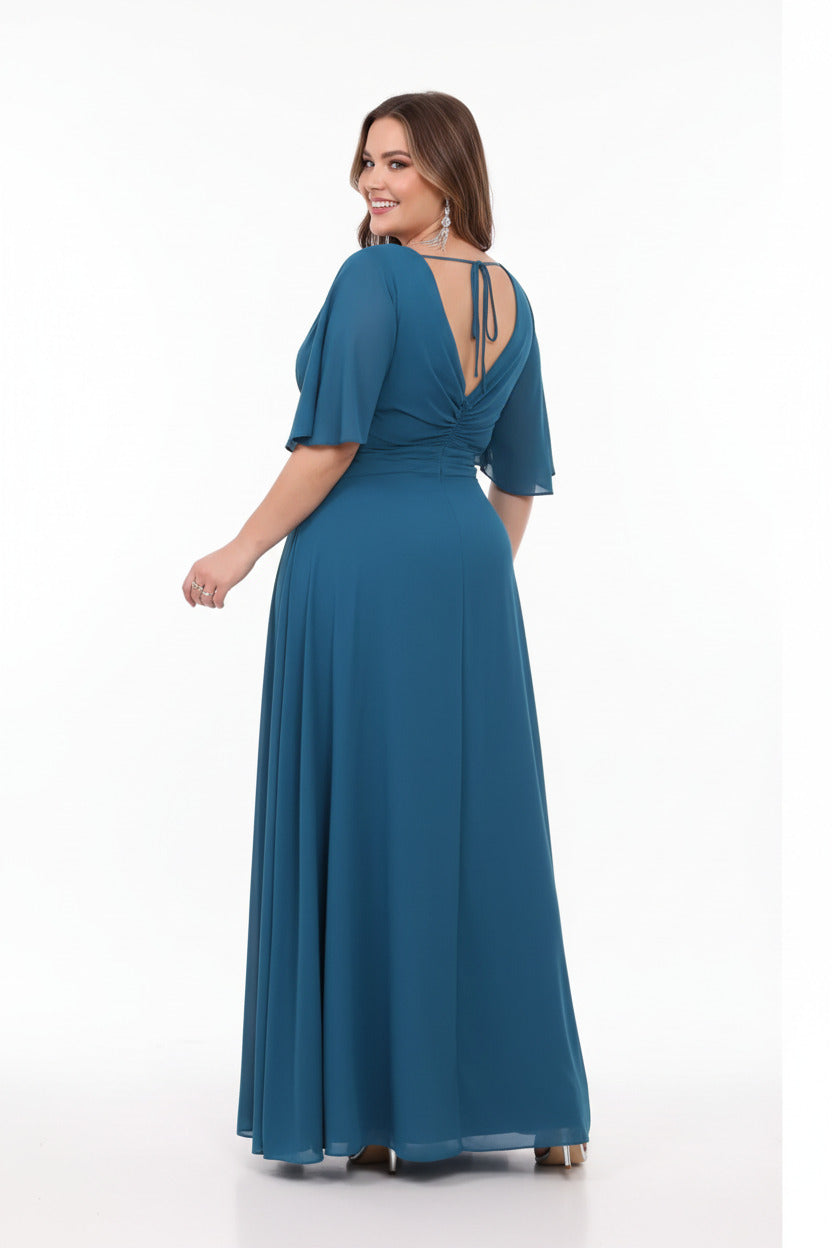 espalda vestido de fiesta largo con manga corta y abertura en la falda verde azulado