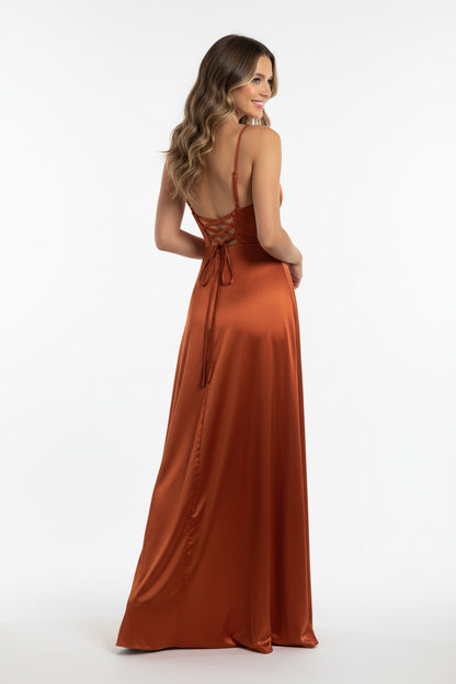 espalda vestido de fiesta largo terracota espalda corsé