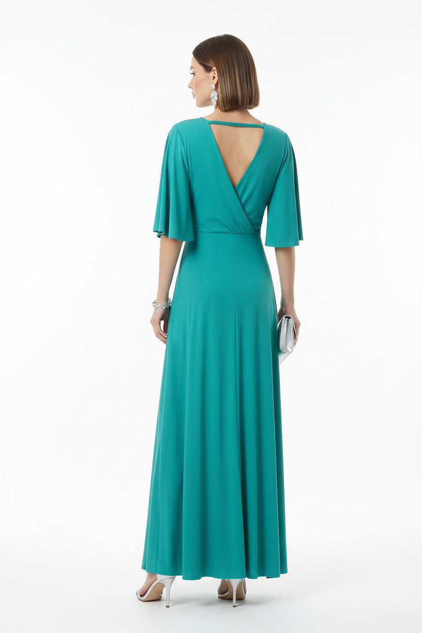 espalda vestido de fiesta largo turquesa con manga corta y nudo cruzado en el escote 