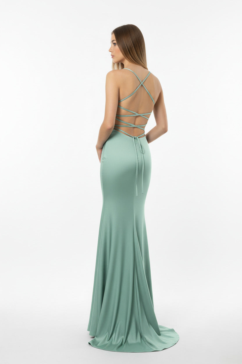 espalda vestido sirena verde agua con espalda descubierta