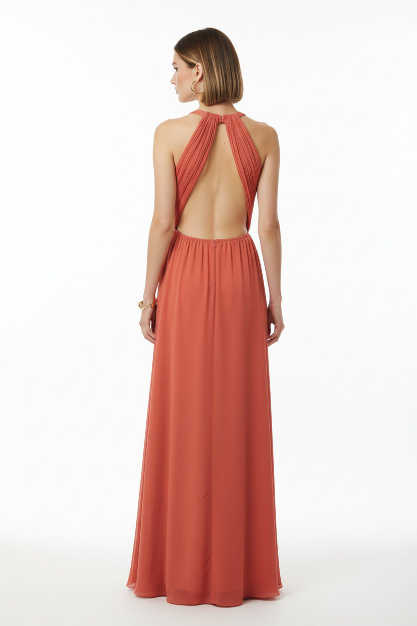 espalda vestido de fiesta largo escote halter y espalda abierta color teja