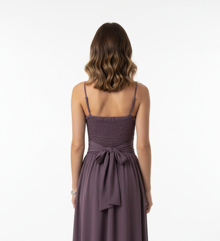 espalda Vestido invitada boda corto con Escote Asimétrico y Flores de Encaje malva