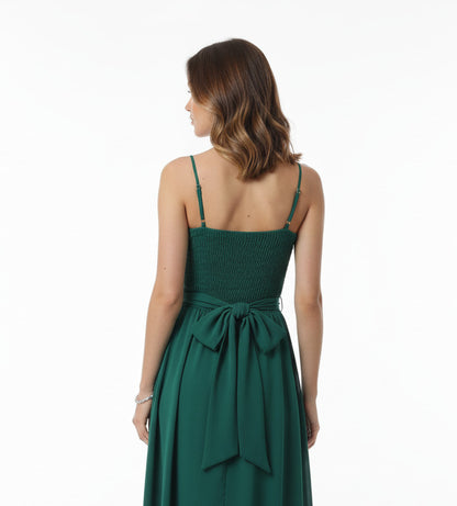 espalda Vestido invitada boda corto con Escote Asimétrico y Flores de Encaje verde