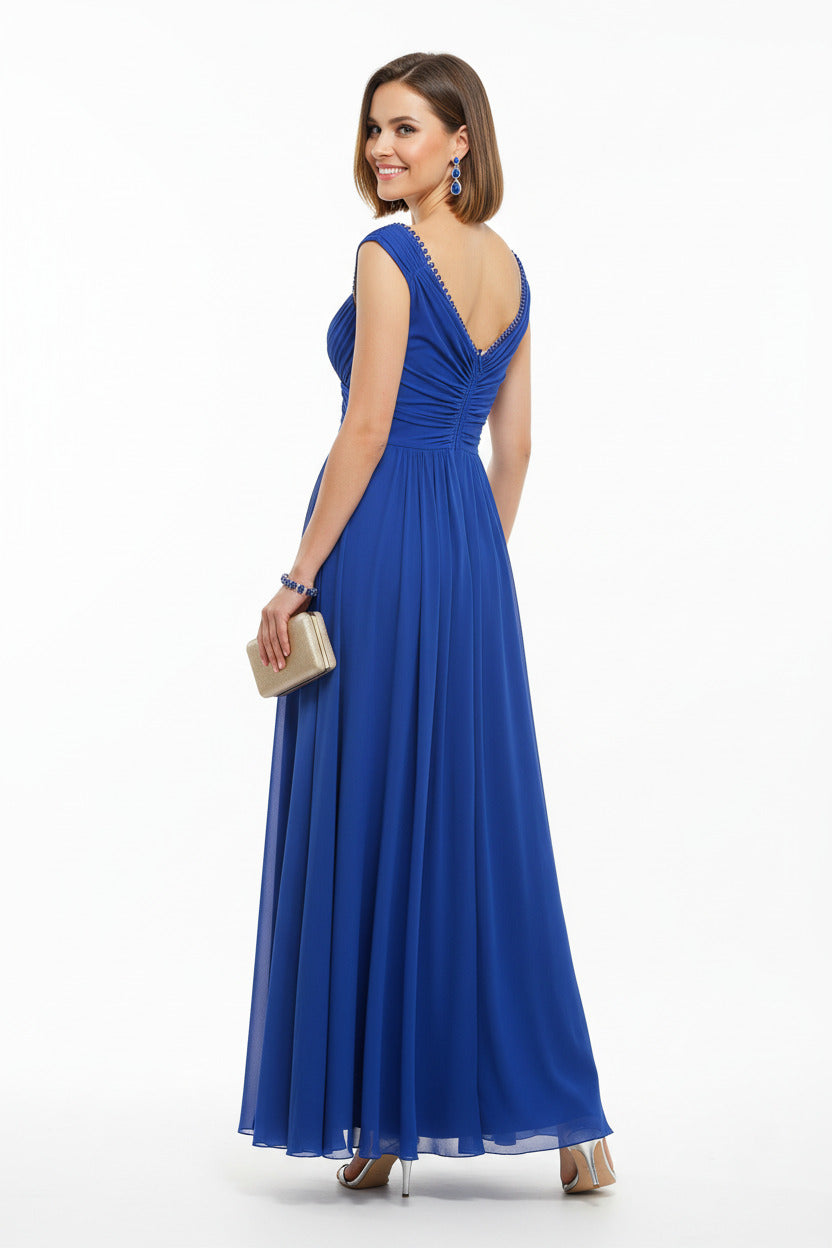 espalda Vestido de Fiesta Largo con Tul con Pedrería y Escote Pico azul para invitadas a boda