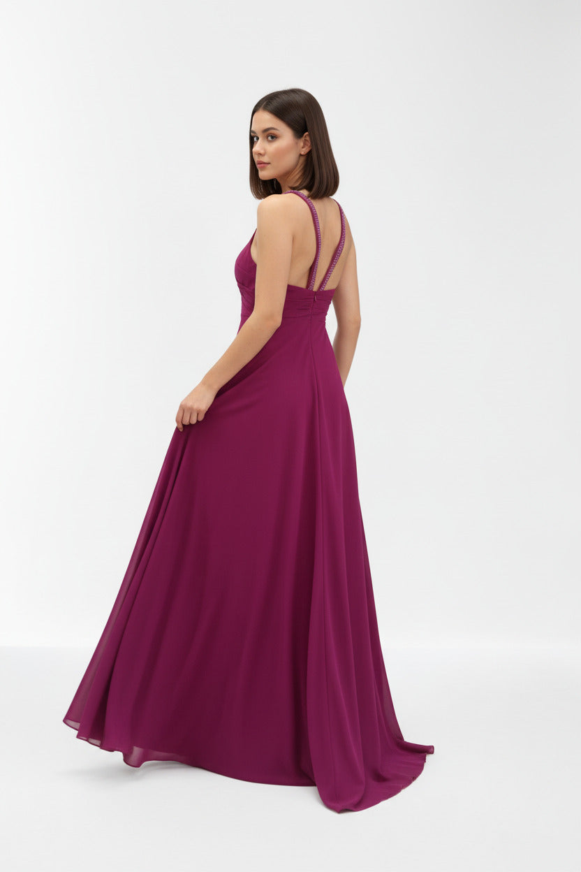 Vestido Largo Fiesta Pisa - Escote Halter con Pedrería y Abertura