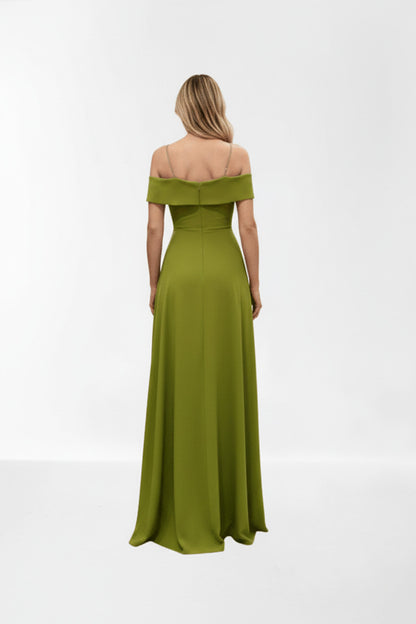 Espalda Vestido de fiesta largo para eventos con escote bardot color pistacho