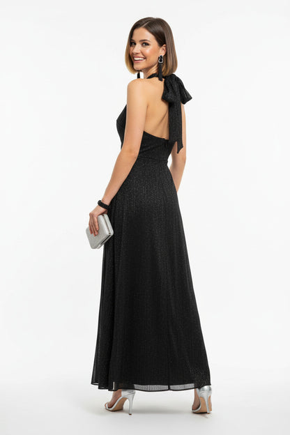 espalda Vestido Largo de Fiesta negro con Escote Halter con Brillos y Abertura Lateral