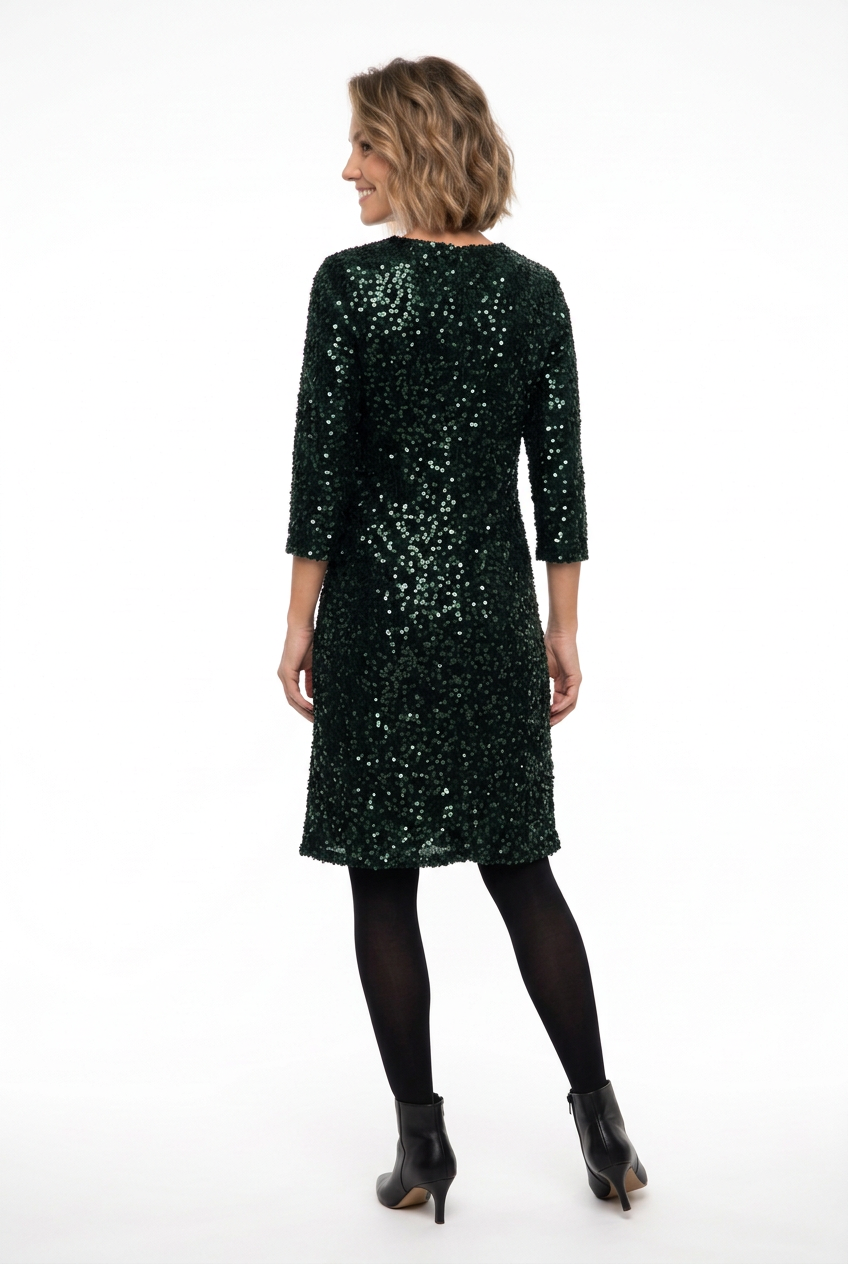 Vestido de lentejuelas verde oscuro, vista de espalda cerrada