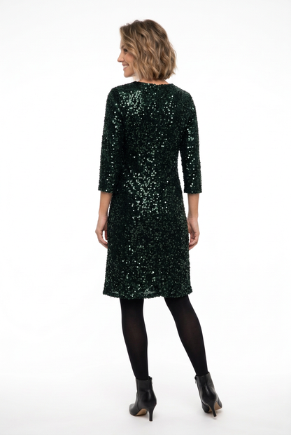 Vestido de lentejuelas verde oscuro, vista de espalda cerrada
