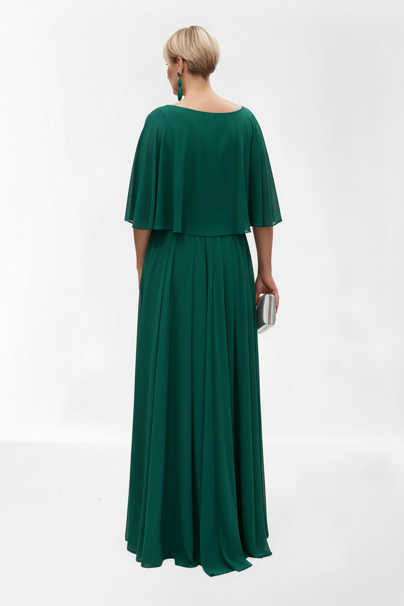 espalda vestido para madrina largo con detalle de broche verde