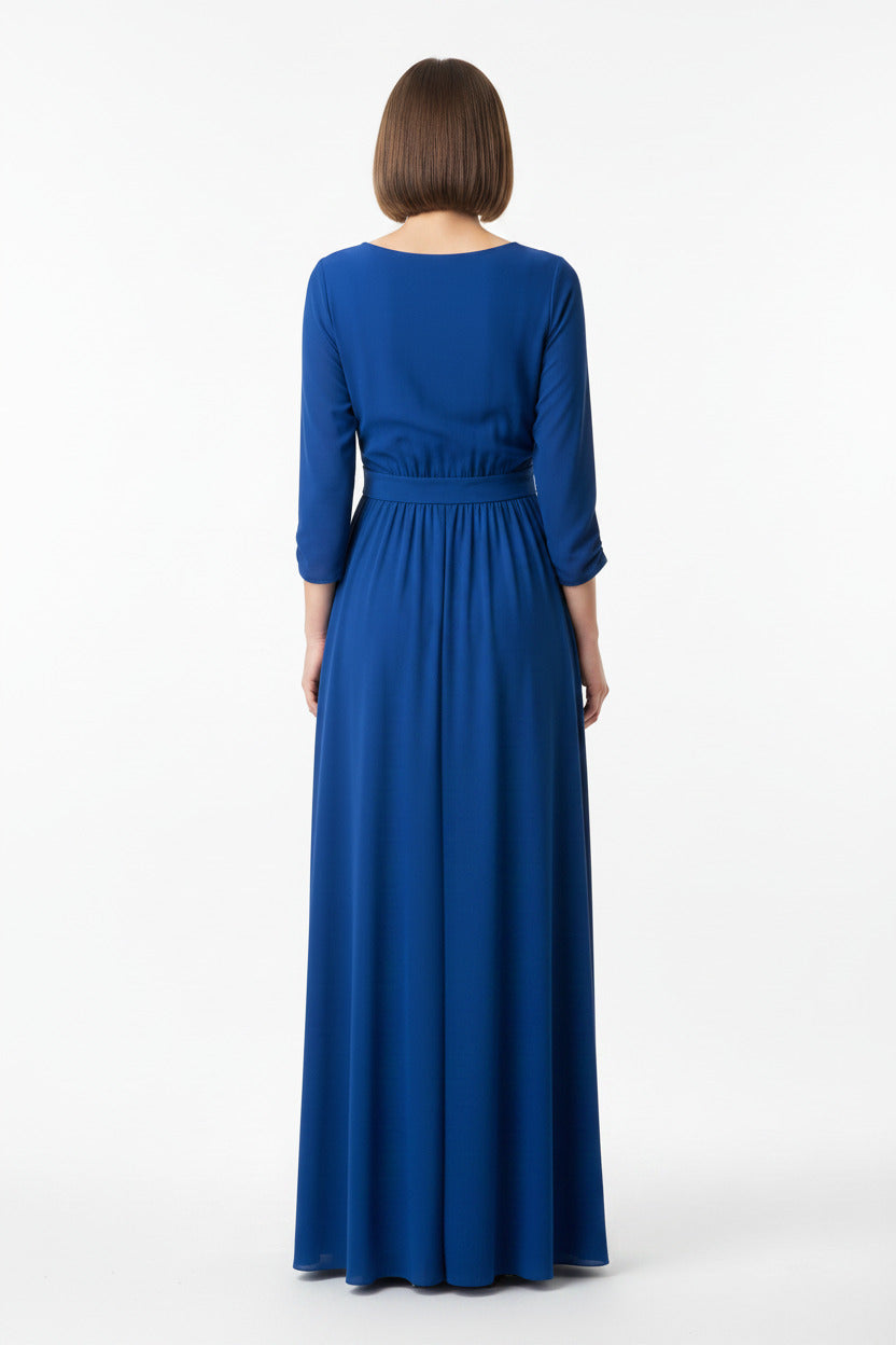 espalda vestido de fiesta largo con manga tres quartos azul