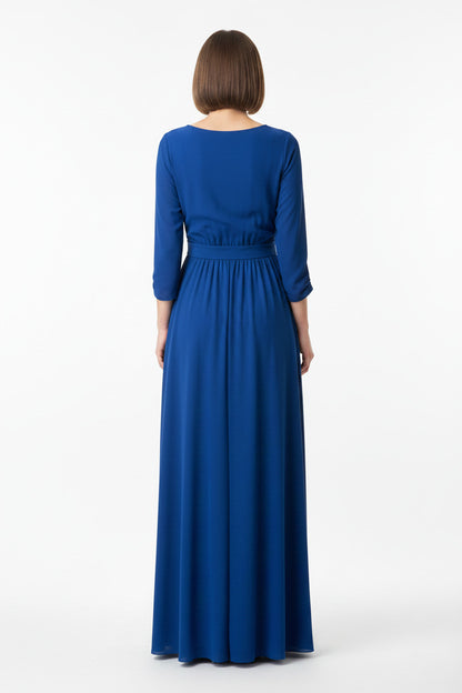 espalda vestido de fiesta largo con manga tres quartos azul