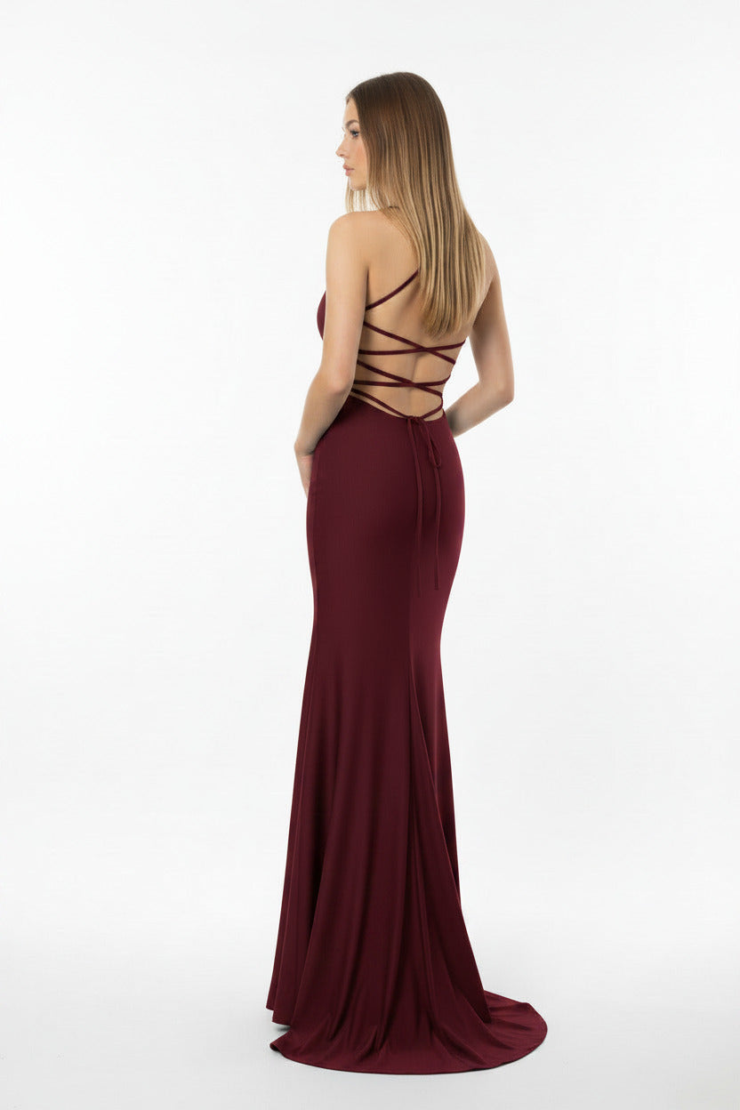  espalda vestido sirena con espalda descubierta color burdeos
