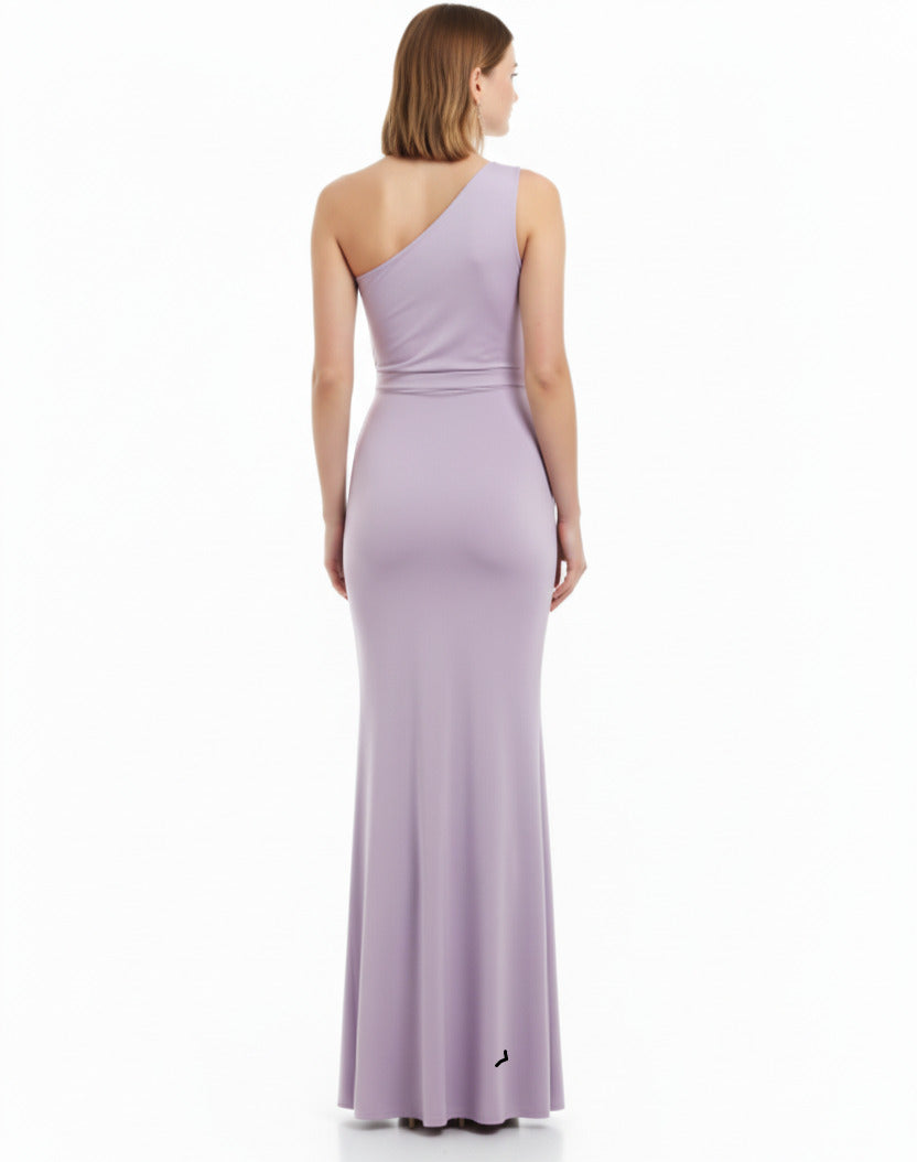 espalda vestido sirena escote asimetrico lavanda