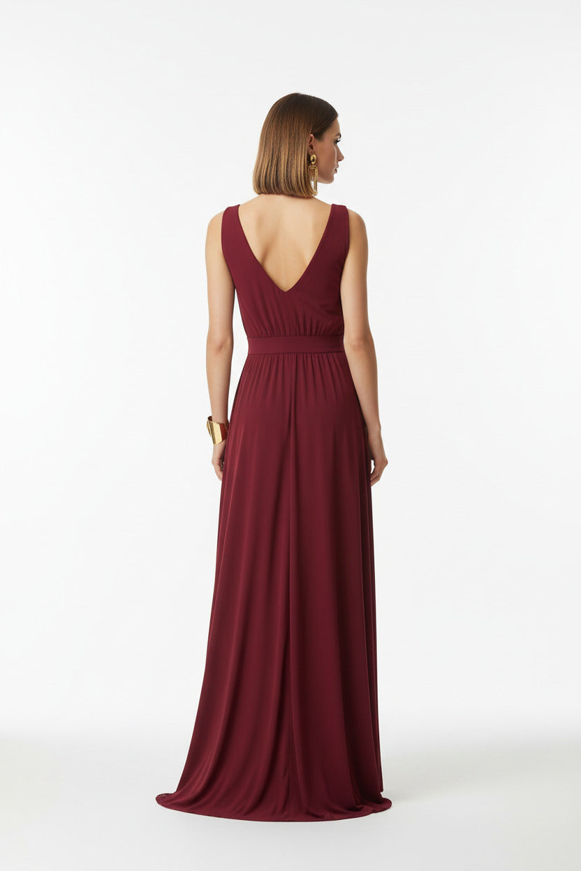 espalda vestido de fiesta largo para eventos escote pico color burdeos