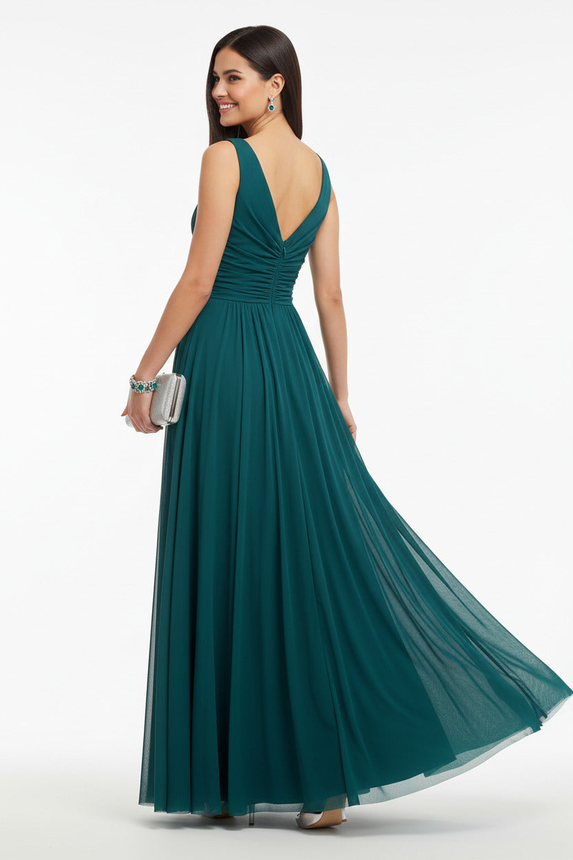 espalda vestido para invitada a boda largo con escote pico turquesa