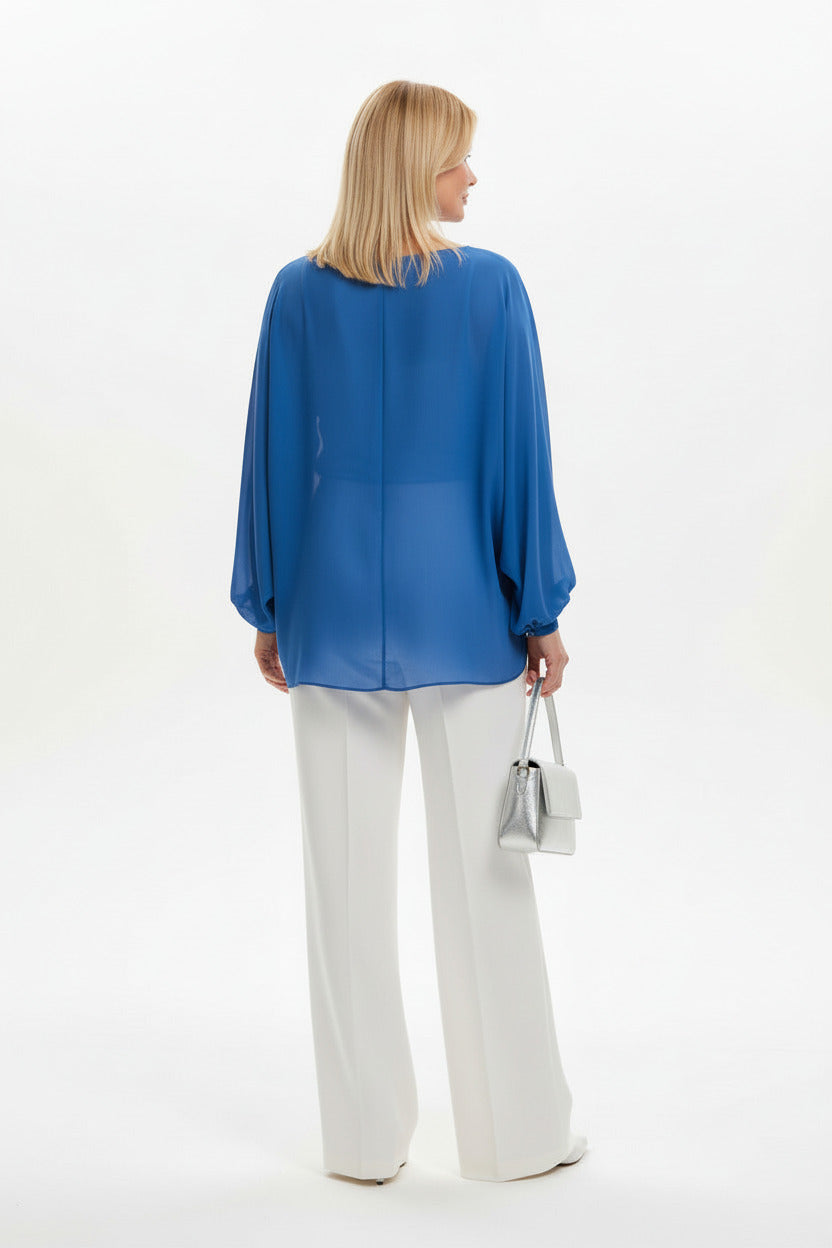 espalda Blusa de Fiesta con Manga Abullonada y Collar azul