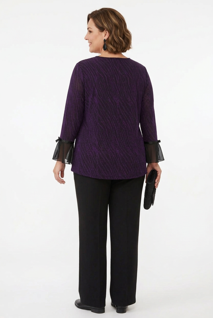 blusa de fiesta manga larga con campana y brillos morados