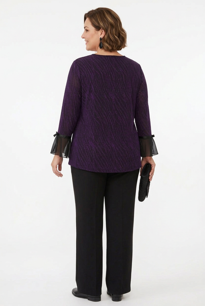 blusa de fiesta manga larga con campana y brillos morados