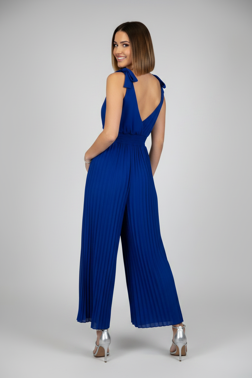 espalda mono de vestir con escote pico y pantalón palazzo azul