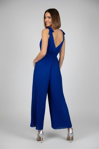 espalda mono de vestir con escote pico y pantalón palazzo azul
