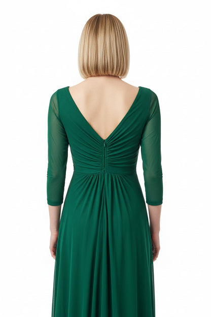 espalda vestido para madrina verde con broche de flor