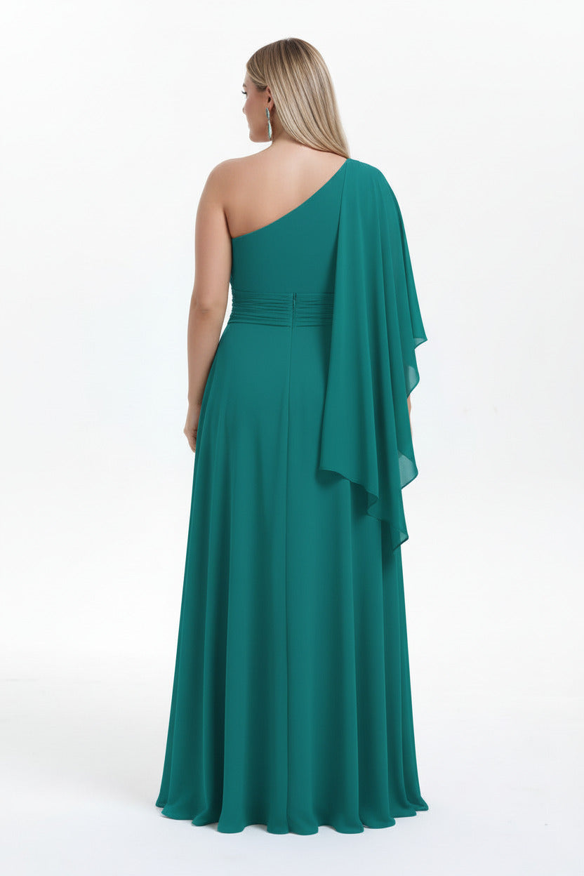 espalda vestido para boda largo escote asimétrico talla grande y abertura en la falda verde