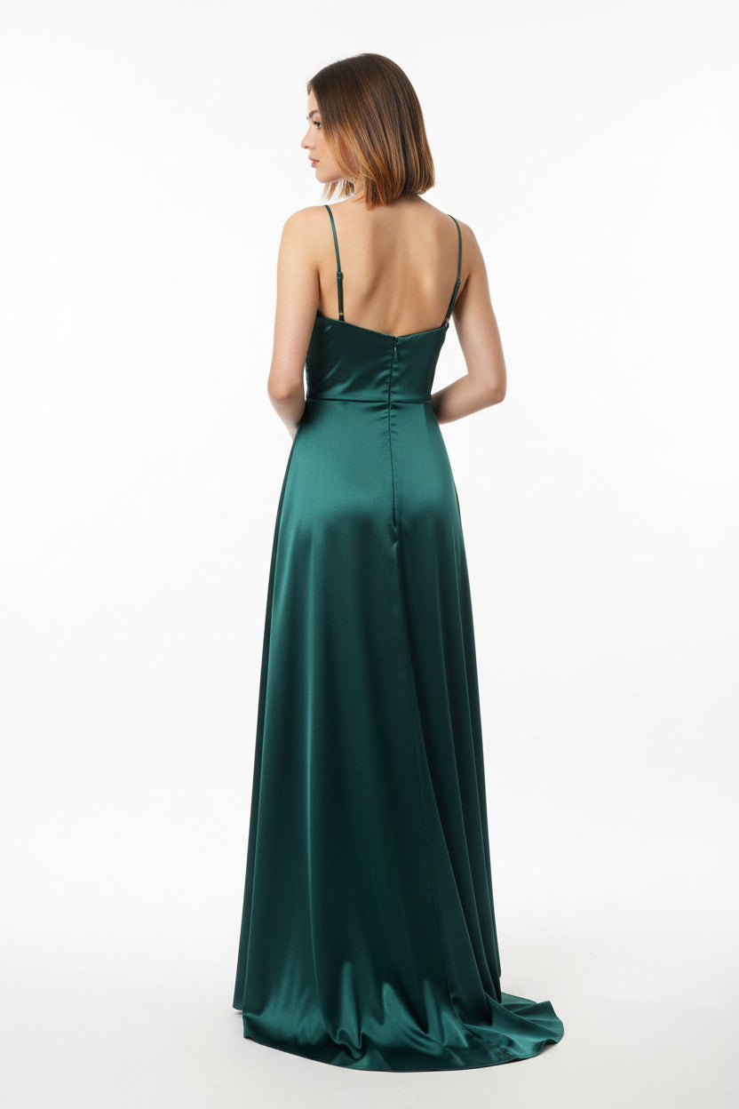 espalda escote vestido de fiesta largo de satén verde oscuro con abertura en la falda