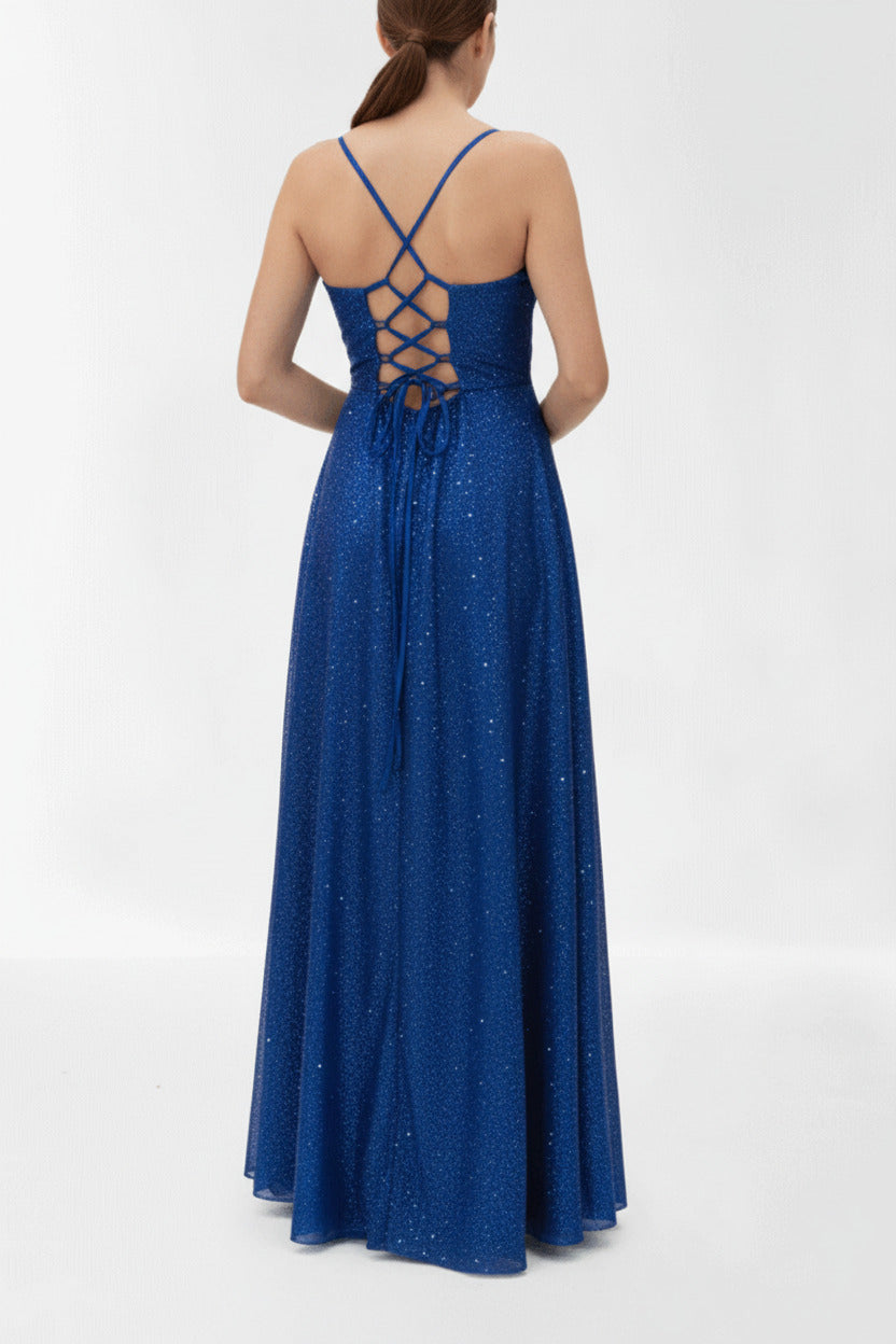 Vestido fiesta largo con corsé Scanno azul con tela de brillos-Vista trasera