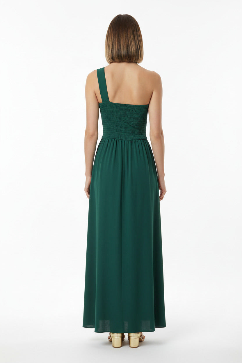 espalda vestido de fiesta largo con escote asimétrico y abertura en la falda verde oscuro