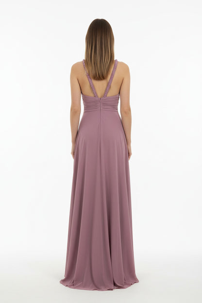 esplada vestido de fiesta largo con escote halter y pedreria rosa viejo