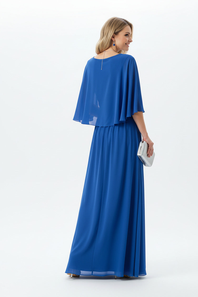 espalda vestido de ceremonia largo elegante con escote pico azul y detalles de encaje