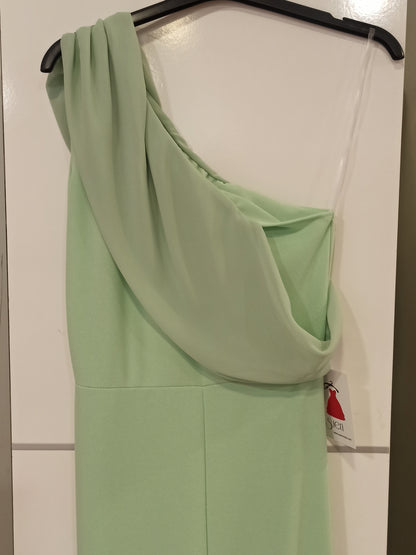 esplada vestido de fiesta sirena escote asimétrico verde salvia