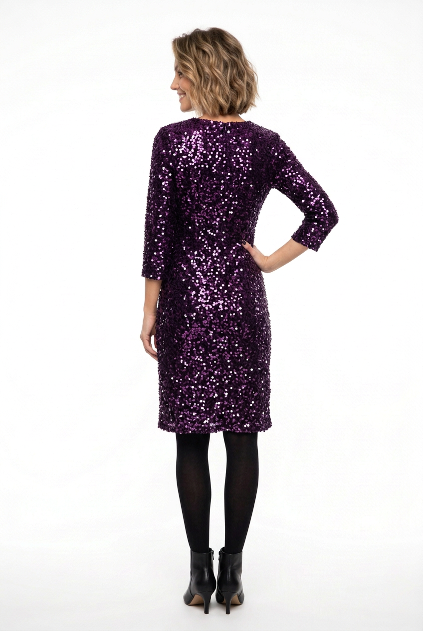 esplada vestido de fiesta corto manga francesa de lentejuelas moradas