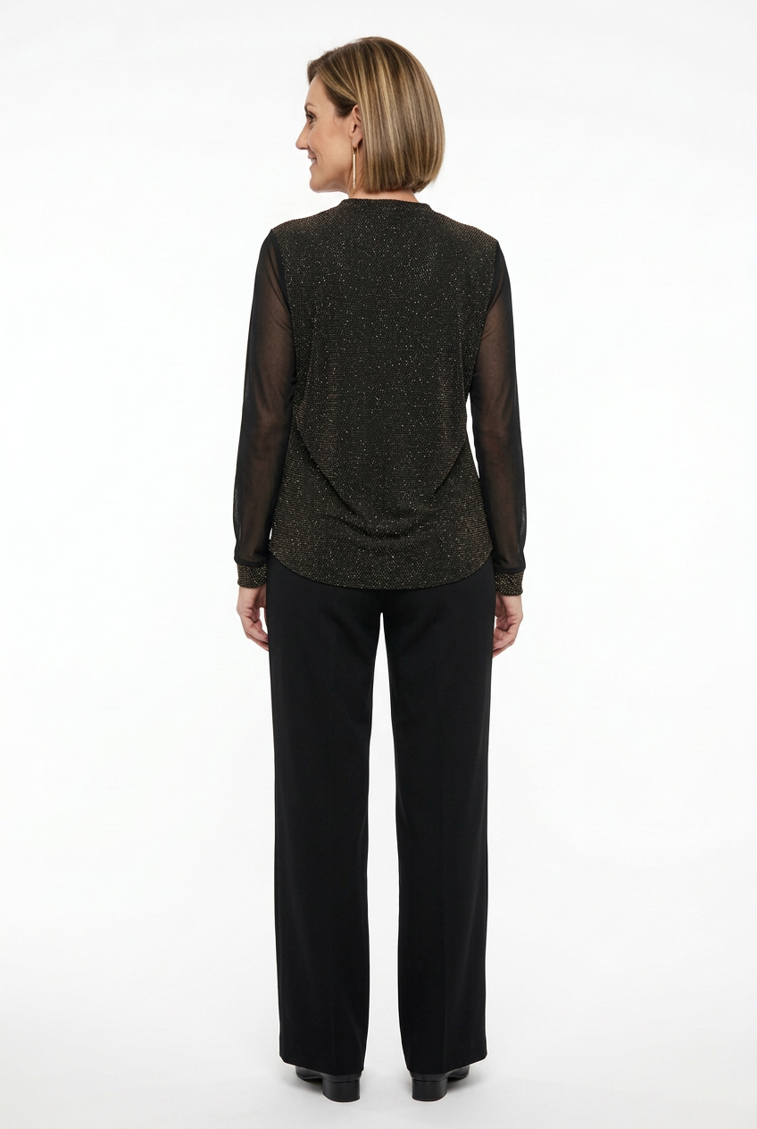 Blusa negra de fiesta cruzada con brillo dorado