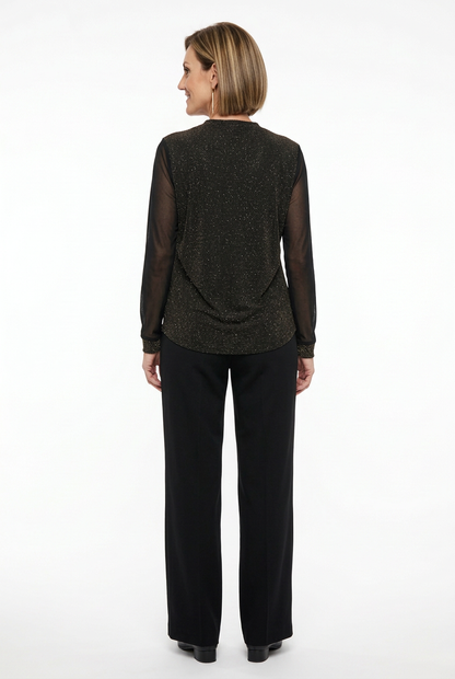 Blusa negra de fiesta cruzada con brillo dorado