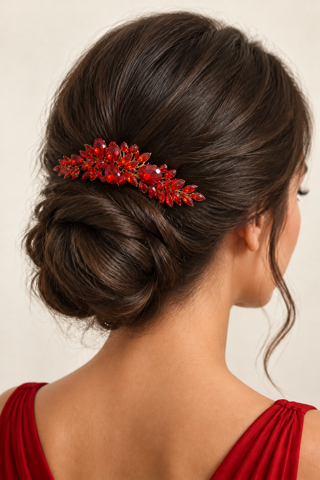 Modelo con vestido rojo y peineta roja en un recogido bajo