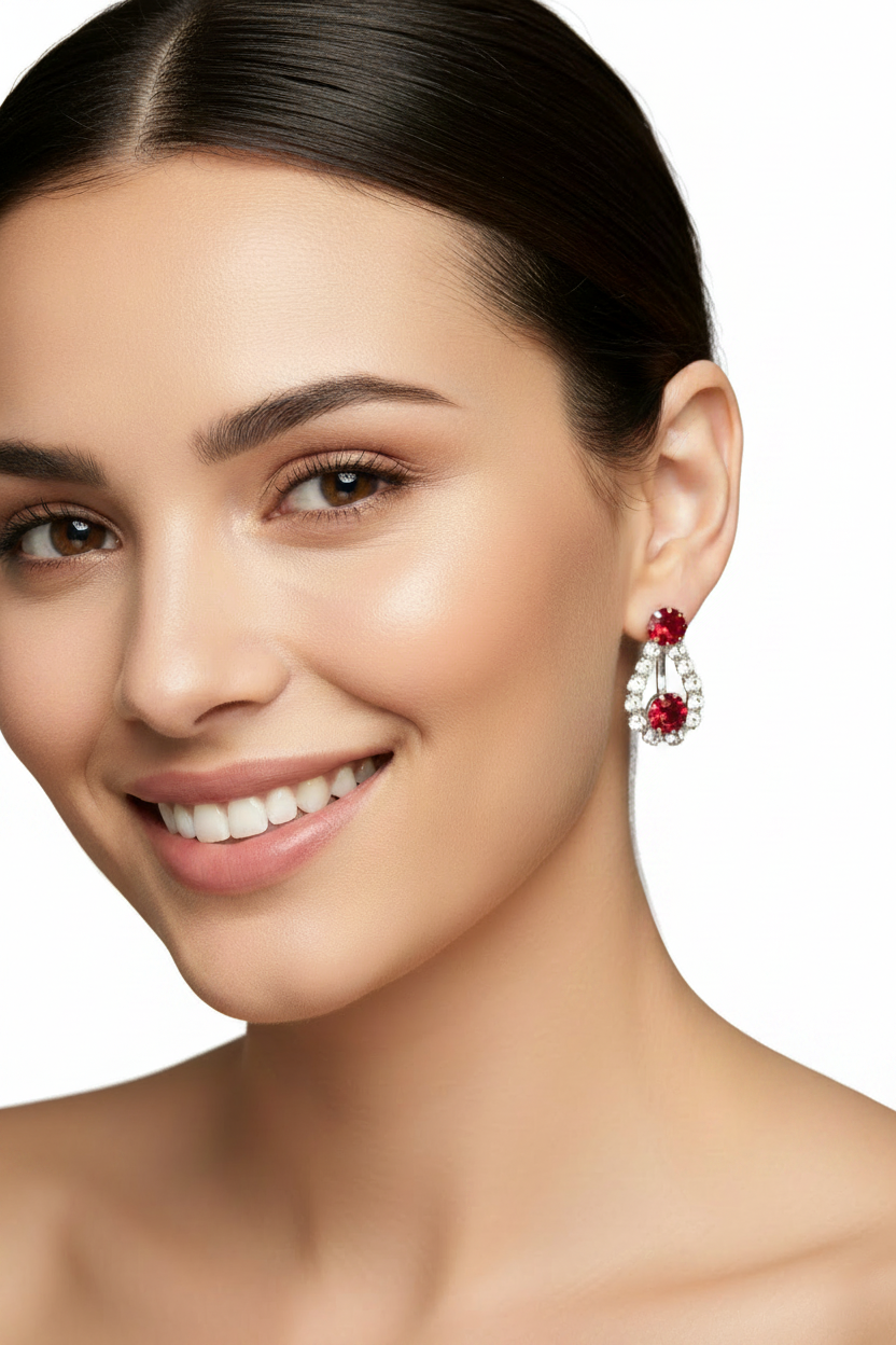 Modelo sonriente con pendientes de clip rojos y strass, fondo blanco