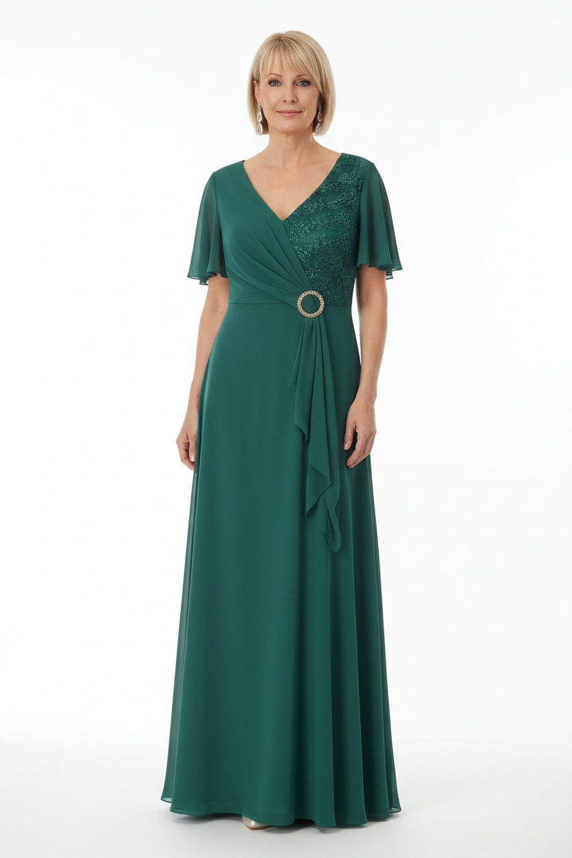 Vestido de fiesta largo verde esmeralda con encaje y brillos