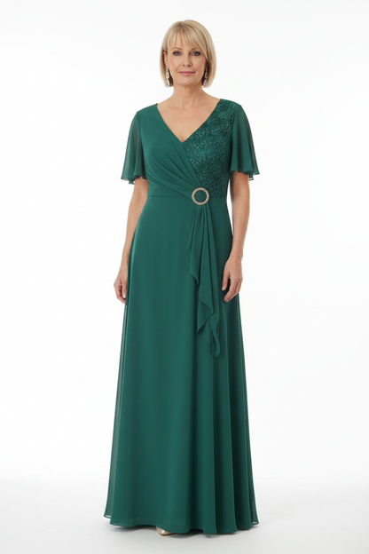 Vestido de fiesta largo verde esmeralda con encaje y brillos