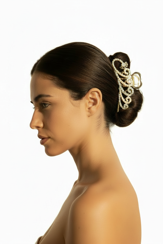 Modelo con pinza dorada de perlas y strass, perfil, moño bajo, fondo blanco