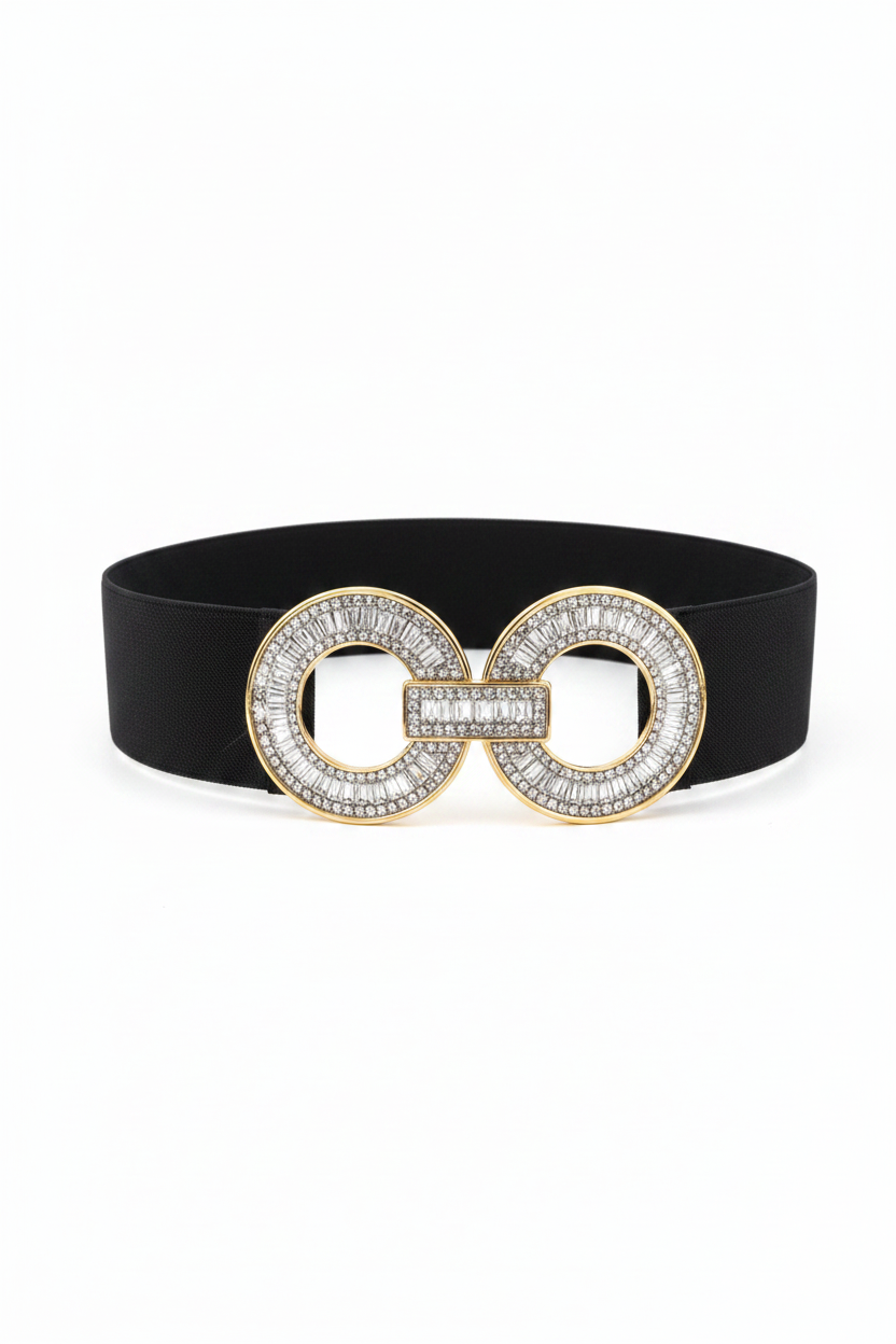 Cinturón elástico negro con hebilla doble círculo de strass y remarque dorado - fondo blanco