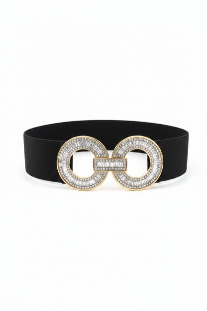 Cinturón elástico negro con hebilla doble círculo de strass y remarque dorado - fondo blanco