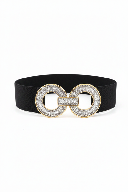 Cinturón elástico negro con hebilla doble círculo de strass y remarque dorado - fondo blanco