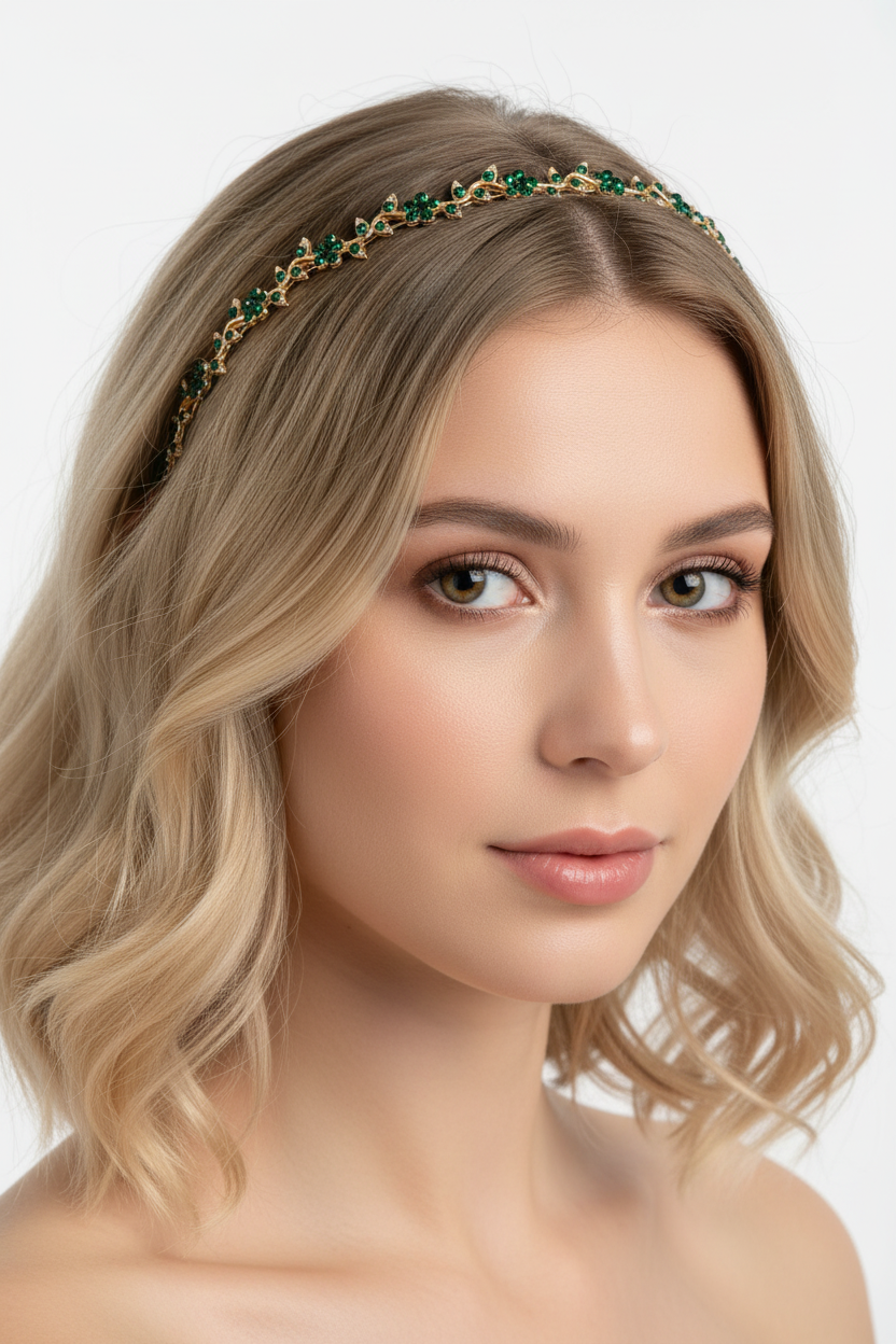 Modelo con diadema dorada de flores con cristales verde esmeralda