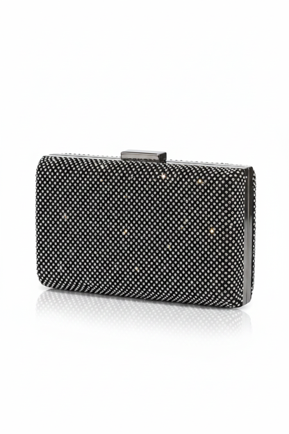Clutch negro brillos incrustados fondo blanco estudio