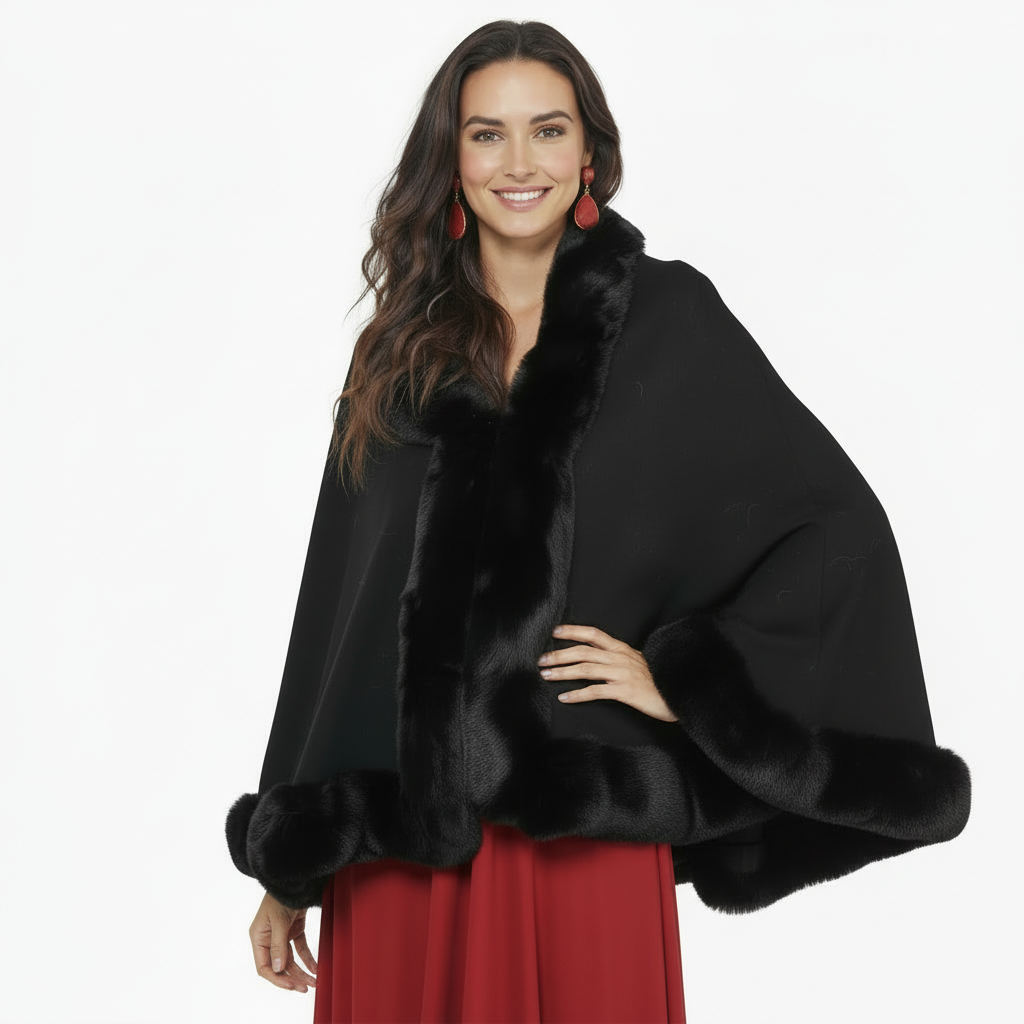 Modelo con capa pashmina negra con pelo y un brazo apoyado en la cintura sobre fondo blanco