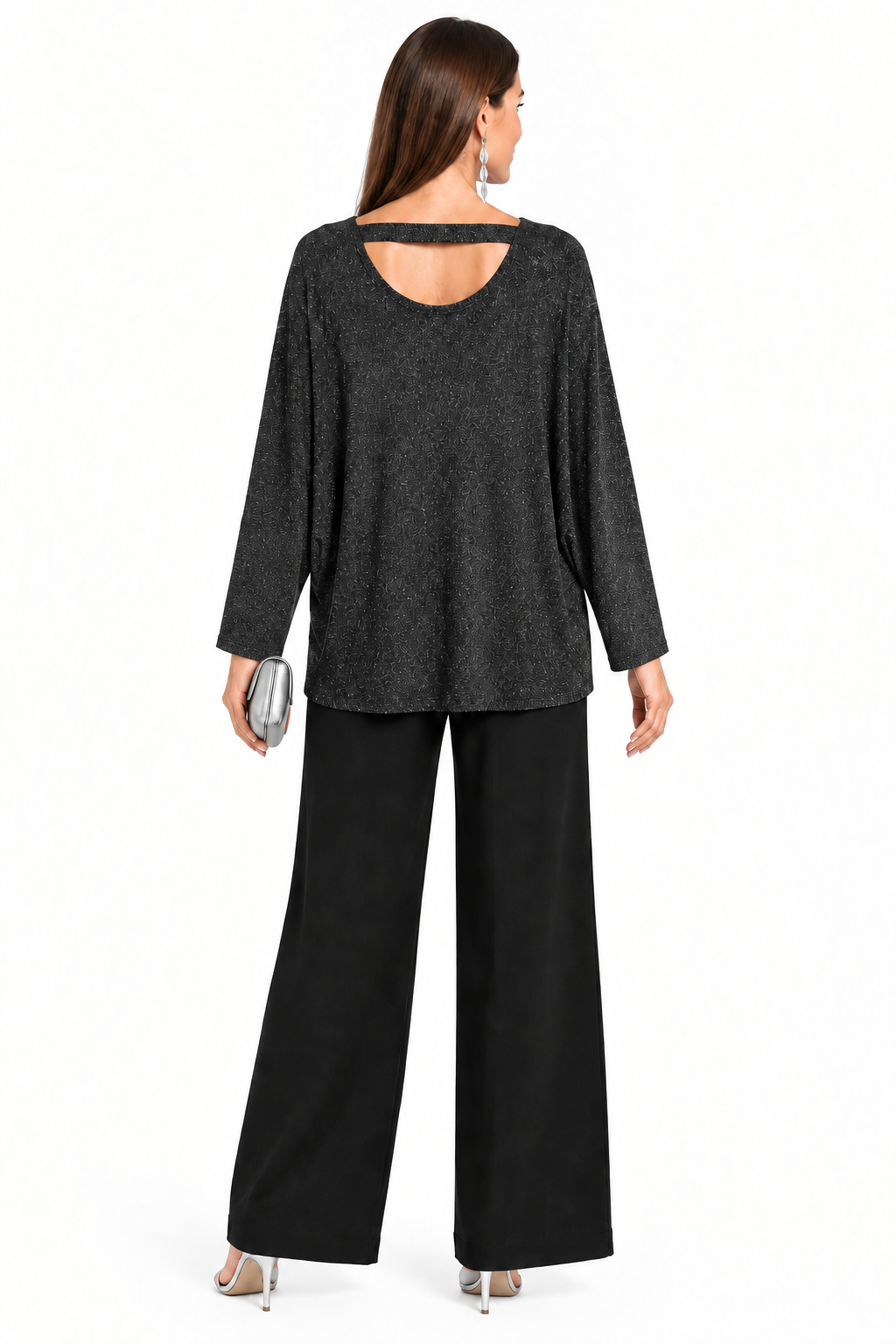 Espalda de blusa de lurex con tira horizontal y mangas sin puños