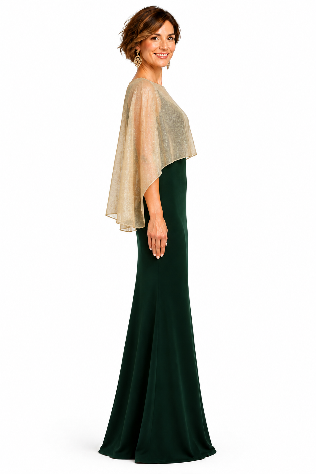 Modelo con capa dorada corta de cola de 70 cm y vestido verde oscuro