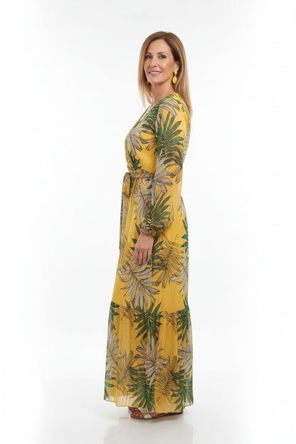 lateral vestido para ceremonias estampado tropical largo